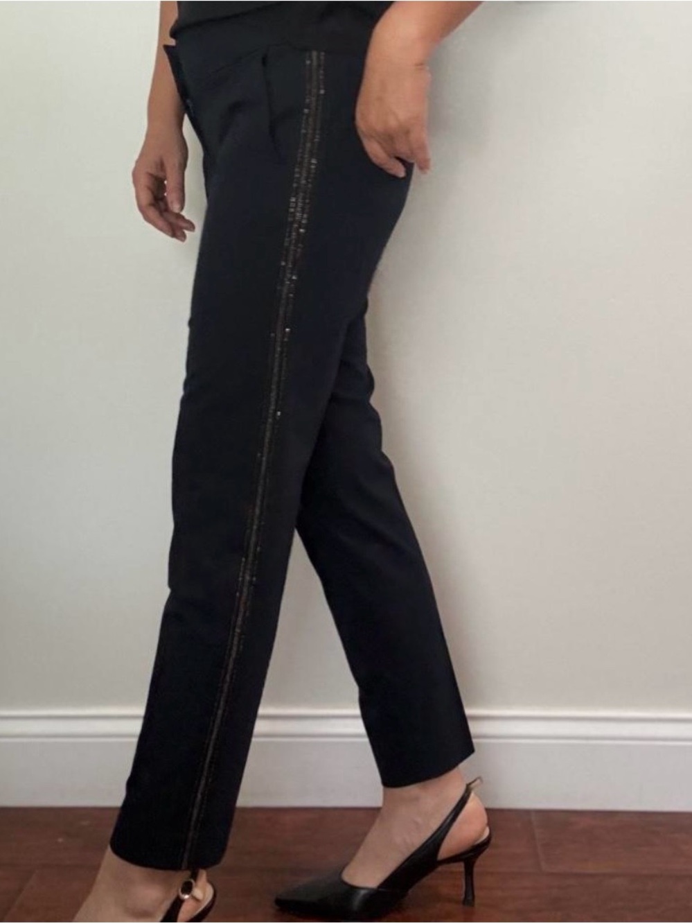 Ann Taylor Navy Straight-Leg Pants with beaded Side Trim